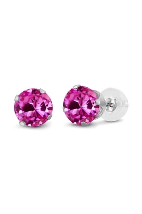 14k White Solid Gold Created Pink Sapphire Round Stud Earrings 3mm Plated by Paris Jewelry