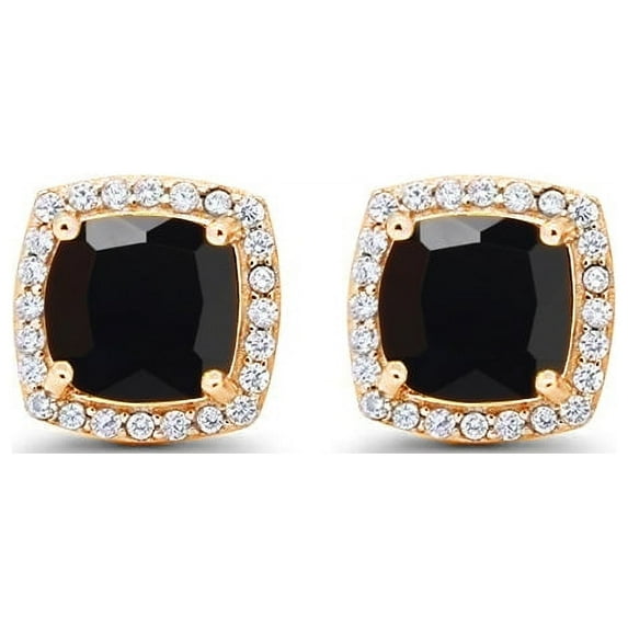 Paris Jewelry 14k Yellow Gold 1/2Ct Created Halo Princess Cut Black Sapphire Stud Earrings Plated