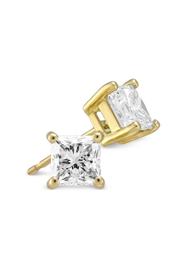 14k Yellow Gold 1/4Ct Solitaire Princess Created White Diamond (G-H, I1) Stud Earrings Plated by Paris Jewelry