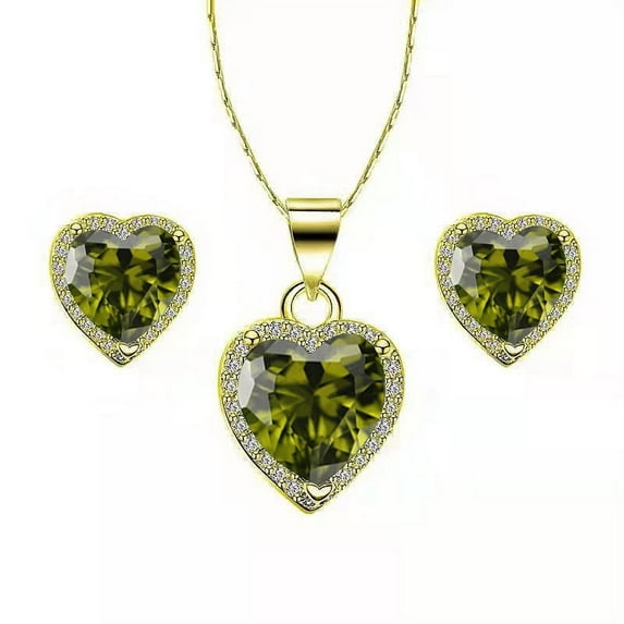 14k Yellow Gold Peridot 1 Ct Halo Heart Plated Full Set Necklace by Paris Jewelry