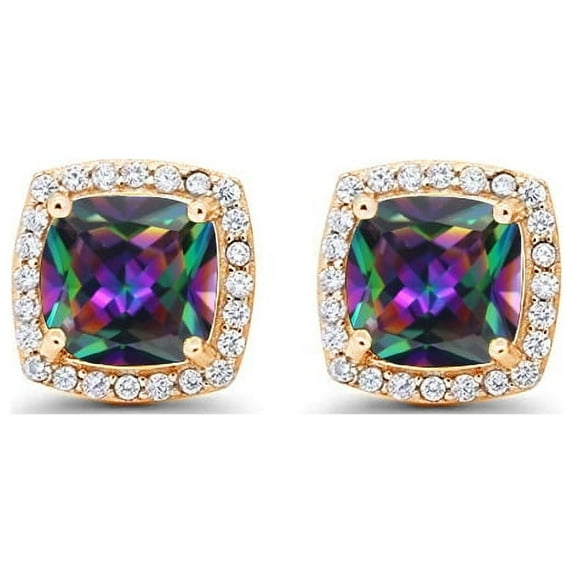 14k Yellow Gold 1 Ct Created Halo Princess Cut Plated Alexandrite Stud Earrings by Paris Jewelry