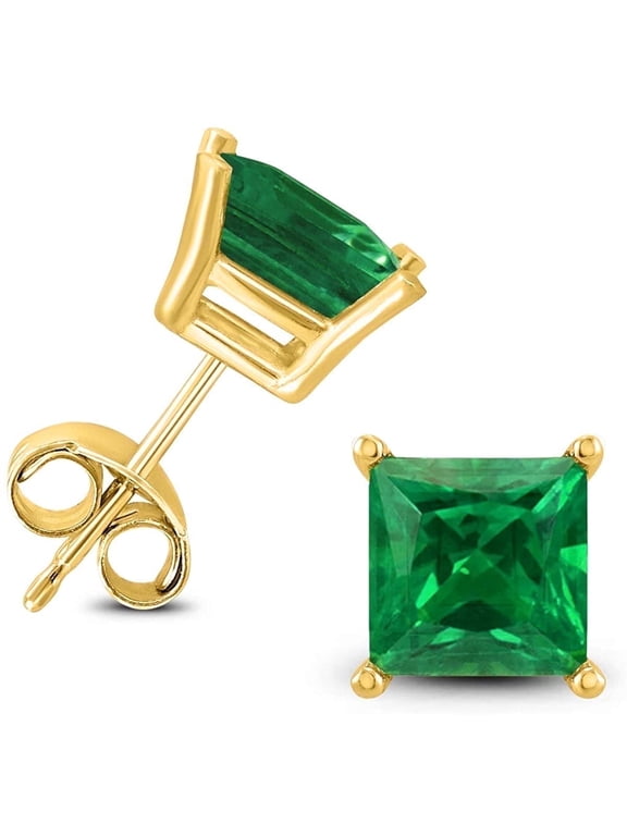 14k Yellow Gold 2 Ct Square Cut Created Emerald Stud Earrings Jewelry Gift for Women Unisex Plated