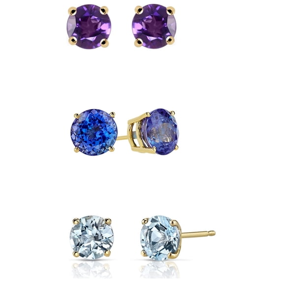 Paris Jewelry 14k Yellow Gold 2Ct Created Amethyst, Tanzanite and Aquamarine 3 Pair Round Stud Earrings Plated