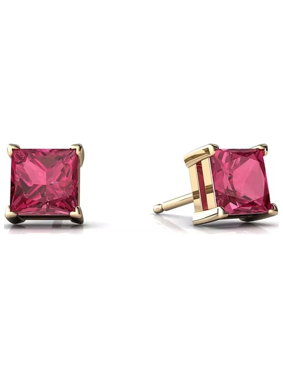 14k Yellow Gold 4 Ct Princess Cut Ruby Stud Earrings Gift for Men|Women Plated by Paris Jewelry