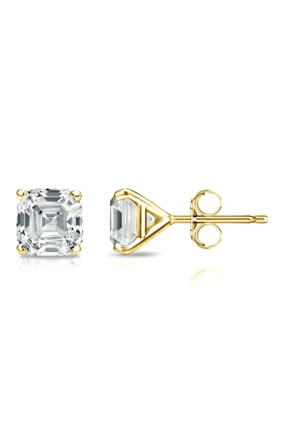 14k Yellow Gold 4mm 2Ct Asscher Cut White Sapphire Stud Earrings Plated