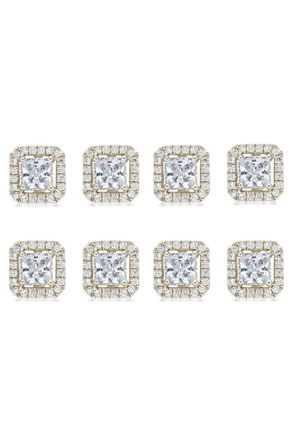 Paris Jewelry 14k Yellow Gold 6mm 3Ct Princess Cut White Sapphire Set of Four Halo Stud Earrings Plated