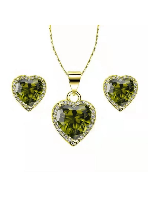 14k Yellow Gold Heart 2Ct Created Peridot Full Set Necklace 18 inch Plated