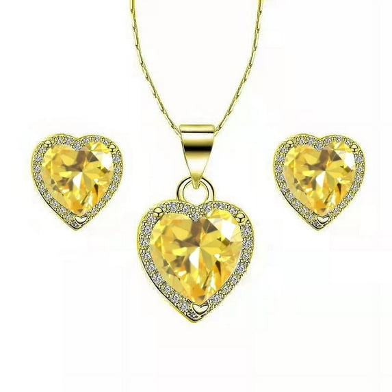 14k Yellow Gold Heart Yellow Sapphire Full Set Necklace Jewelry Gift for Her Women's Plated by Paris Jewelry