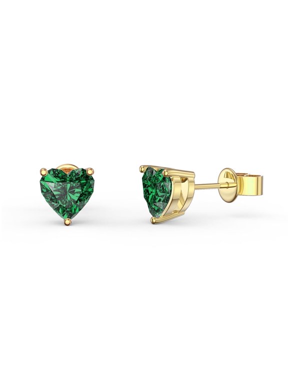 14k Yellow Gold 1 Carat Heart Created Emerald Stud Earrings Jewelry for Women plated