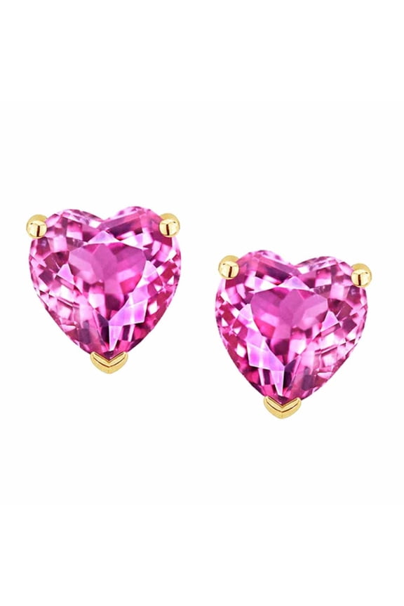 14k Yellow Gold Push Back Heart Created Pink Sapphire Stud Earrings 3MM Plated by Paris Jewelry
