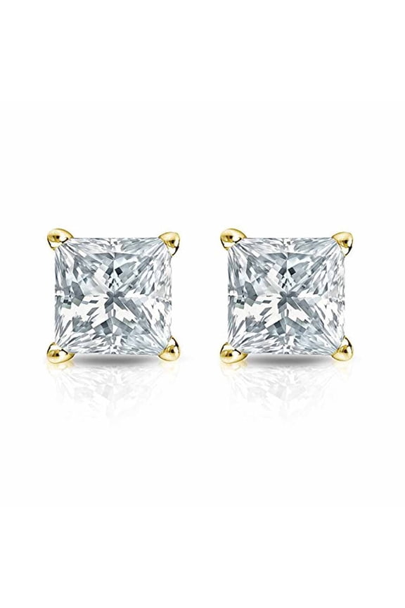 14k Yellow Gold Push Back Princess Created Diamond Stud Earrings 3MM Plated by Paris Jewelry