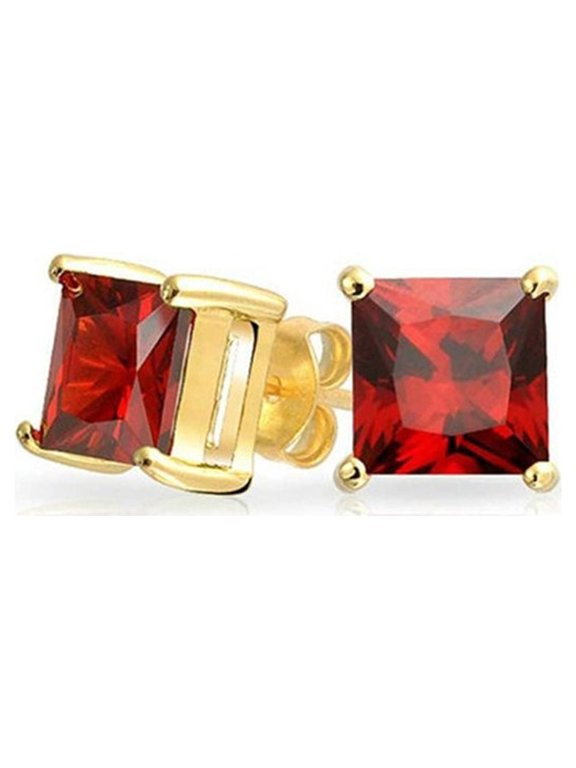 14k Yellow Gold Push Back Princess Created Ruby Sapphire Stud Earrings 4MM Plated by Paris Jewelry