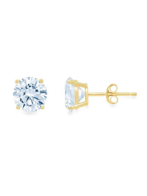 14k Yellow Gold Push Back Round Aquamarine Birthstone Stud Earrings 4MM Plated by Paris Jewelry
