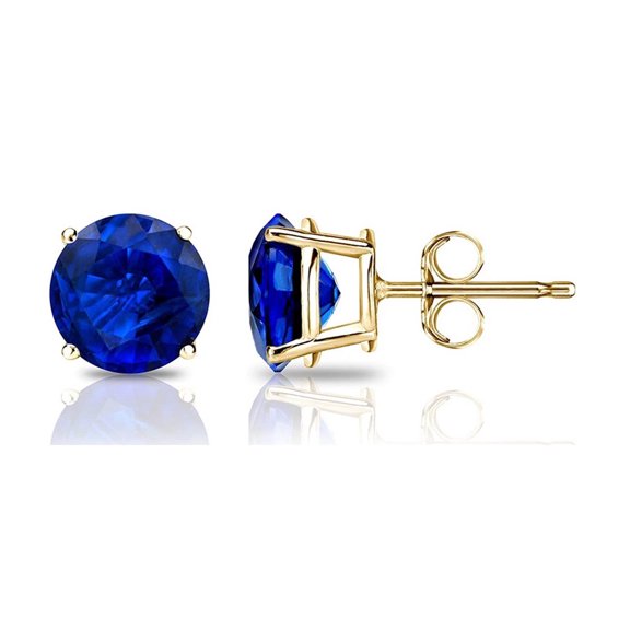 14k Yellow Gold Round Blue Sapphire Stud Earrings, 4MM Plated by Paris Jewelry