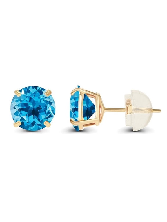 14k Yellow Gold Push Back Round Plated Blue Topaz Stud Earrings 4MM by Paris Jewelry