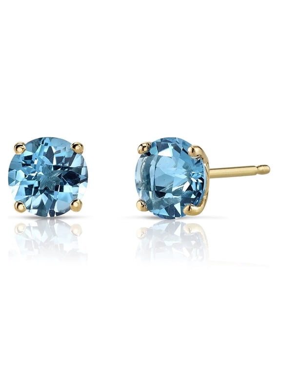 14k Yellow Gold Push Back Round Created Blue Topaz Sapphire Stud Earrings 3MM Plated by Paris Jewelry