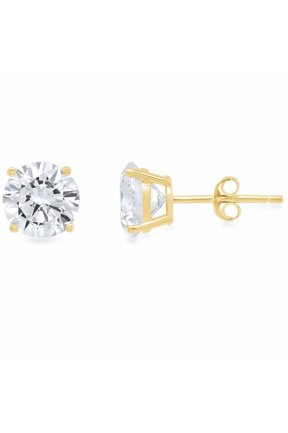 14K Yellow Gold Push Back Round Lab-Created Diamond Stud Earrings, 4MM for Women Plated by Paris Jewelry
