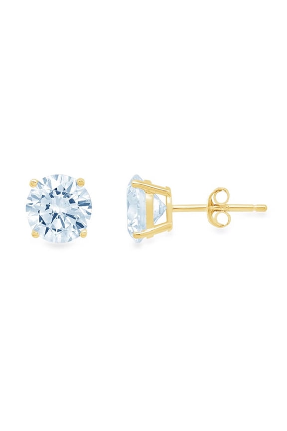 14k Yellow Gold Round Aquamarine Stud Earrings Plated by Paris Jewelry