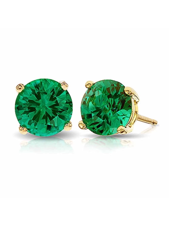 14k Yellow Gold Round Created Emerald Stud Earrings Plated by Paris Jewelry