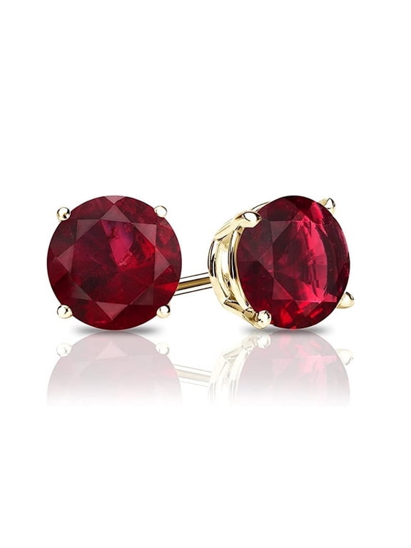 14k Yellow Gold Round Created Ruby Stud Earrings, 3MM, Women Unisex Plated by Paris Jewelry