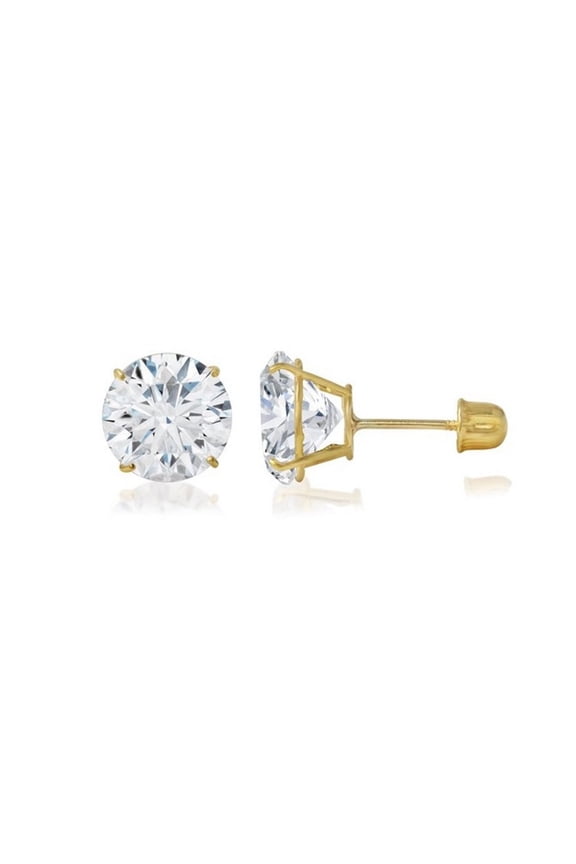 14k Yellow Gold Round White Sapphire Stud Earrings, 7mm Jewelry Gift for Women Plated by Paris Jewelry