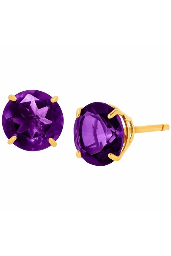14k Yellow Gold Created Amethyst Round Stud Earrings 4mm Gift for Women Plated by Paris Jewelry