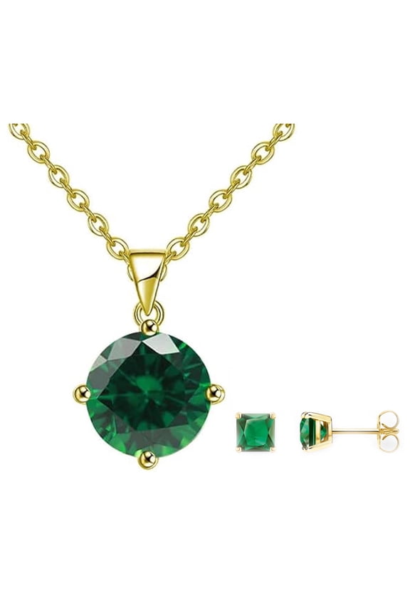 18K Yellow Gold 1/2 Ct Emerald Round Necklace & Earrings Set Plated by Paris Jewelry