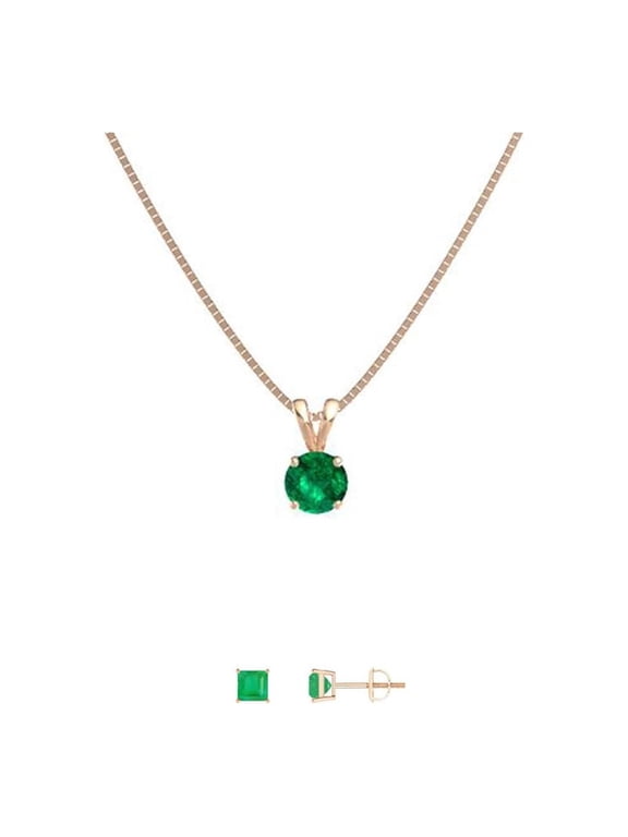 18K Rose Gold 1/2ct Emerald Round 18 Inch Necklace and Square Earrings Set Plated