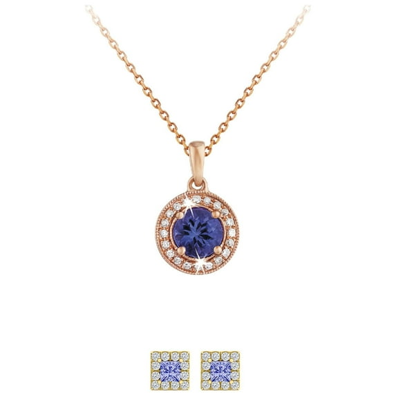 Paris Jewelry 18K Rose Gold 1/2ct Halo Tanzanite Round 18 Inch Necklace and Square Earrings Set Plated