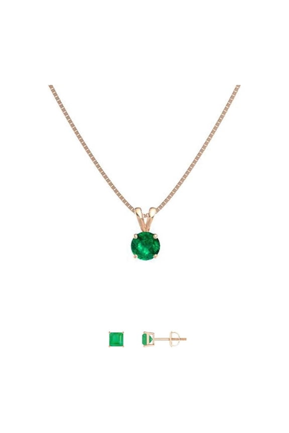 18K Rose Gold 1ct Emerald Round 18 Inch Necklace and Square Earrings Set Plated