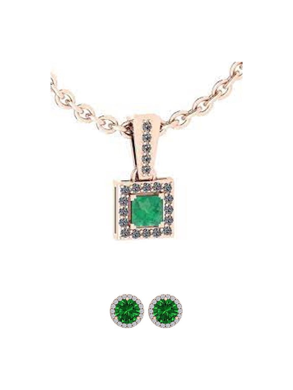 18K Rose Gold 1ct Halo Emerald Square 18 Inch Necklace and Halo Round Earrings Set Plated