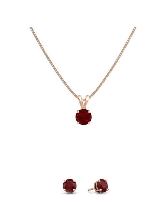 18K Rose Gold 1ct Ruby Round 18 Inch Necklace and Earrings Set Plated