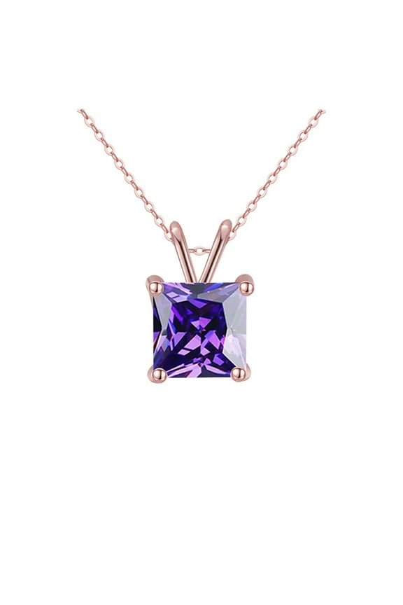 18K Rose Gold 2 Carat Created Amethyst Princess Stud Necklace Plated 18 inch