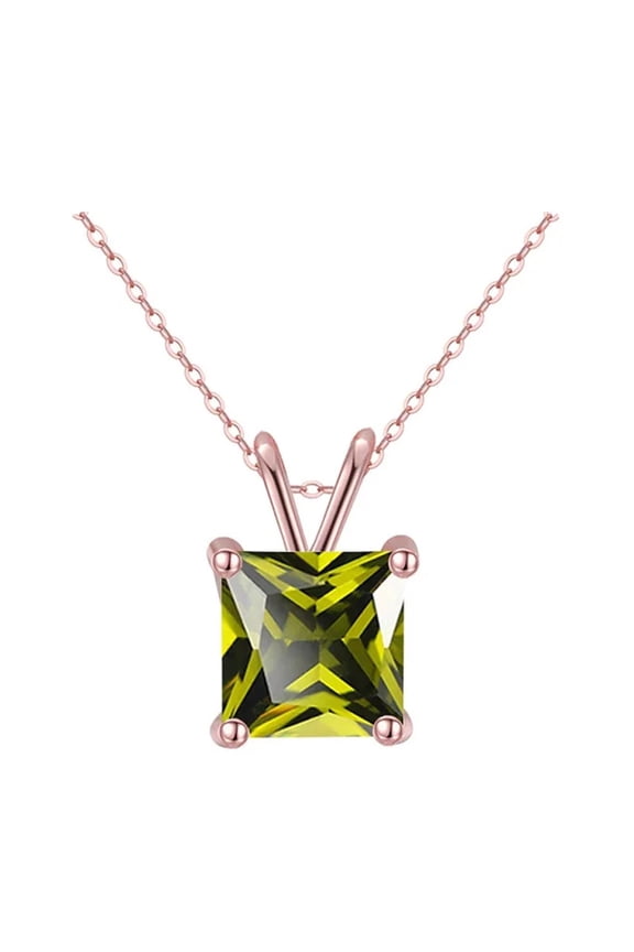 18K Rose Gold 2 Ct Created Peridot Princess Stud Necklace Plated 18 inch Women