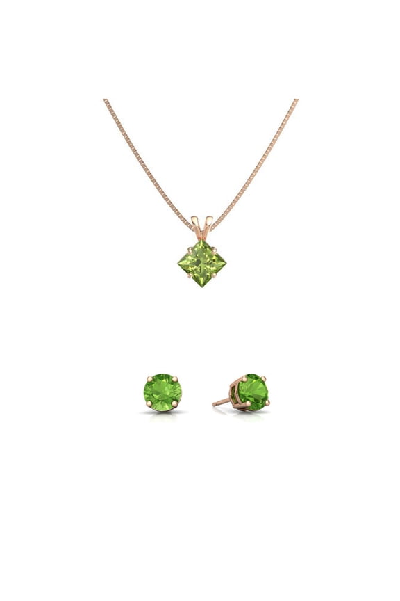 18K Rose Gold 2ct Peridot Princess Cut 18 Inch Necklace and Round Earrings Set Plated
