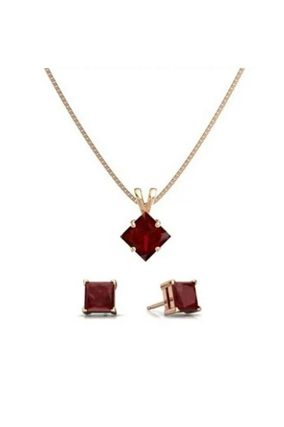 18K Rose Gold 2ct Ruby Square 18 Inch Necklace & Earrings Set Plated