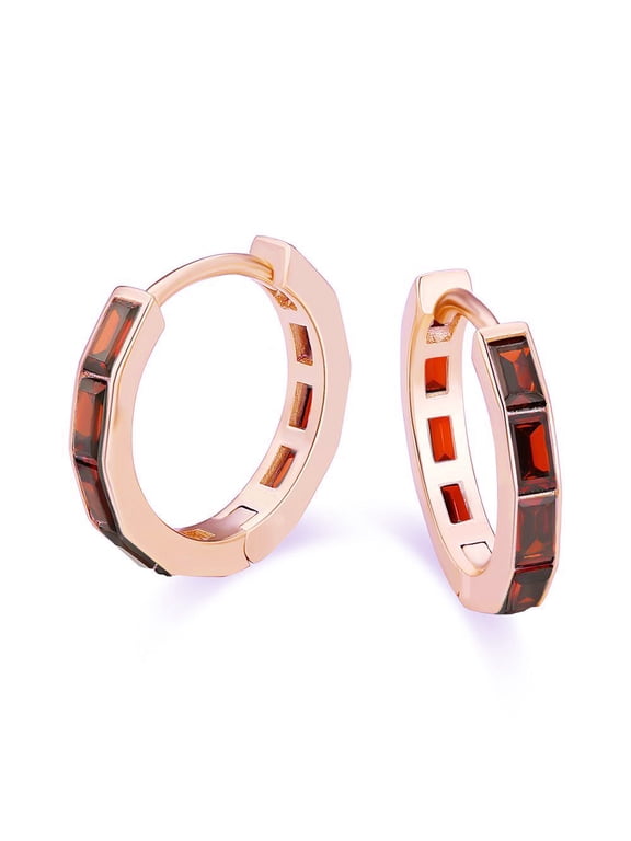 18K Rose Gold 3Ct Emerald Cut Ruby Hoop Earrings Plated
