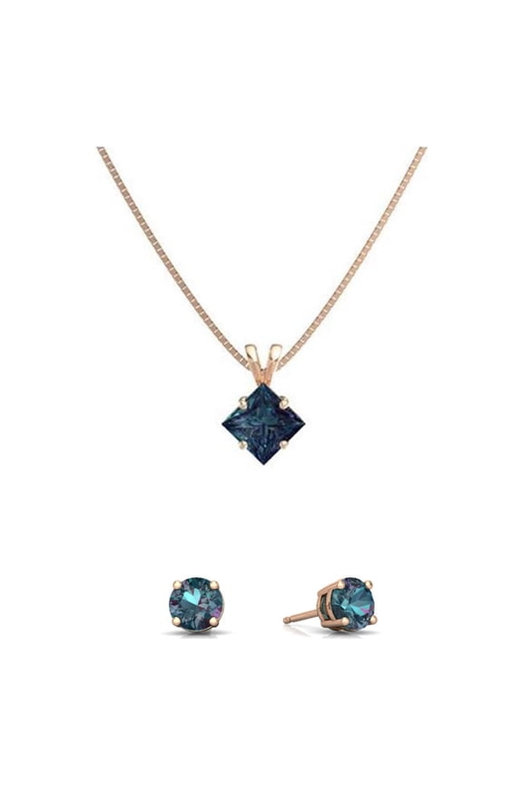 Paris Jewelry 18K Rose Gold 3ct Alexandrite Princess Cut Necklace & Round Earrings Plated
