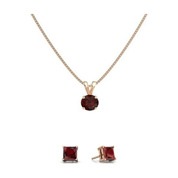 Paris Jewelry 18K Rose Gold 3ct Garnet Round Necklace & Square Earrings Plated
