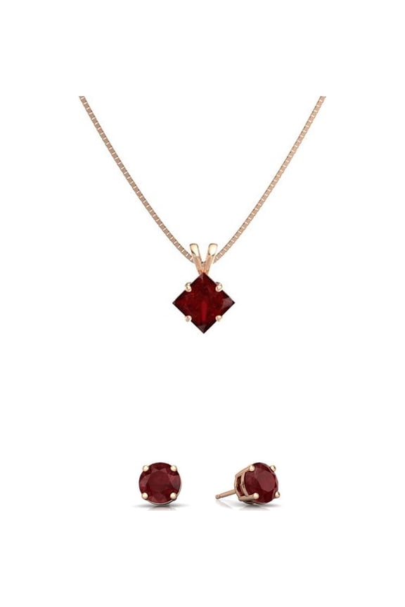 18K Rose Gold 3ct Ruby Square 18 Inch Necklace and Round Earrings Set Plated