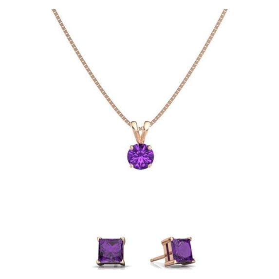 Paris Jewelry 18K Rose Gold 4ct Amethyst Round 18 Inch Necklace and Square Earrings Set Plated