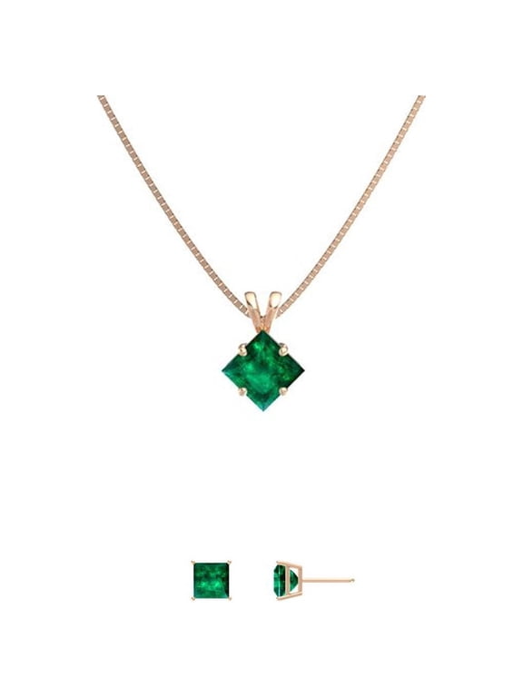 18K Rose Gold 4ct Emerald Square 18 Inch Necklace and Earrings Set Plated