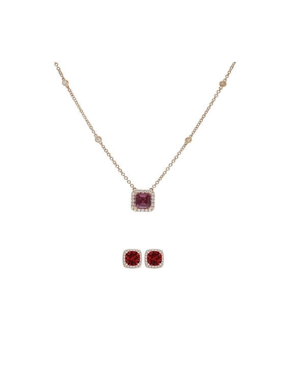 18K Rose Gold 4ct Halo Ruby Square 18 Inch Necklace and Earrings Set Plated