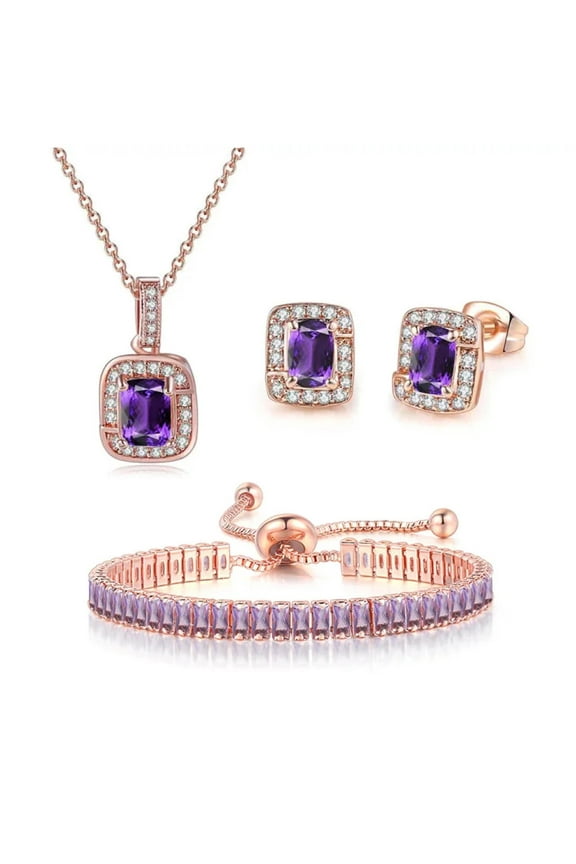 18K Rose Gold Created Amethyst Princess Halo Pendant Necklace, Earrings and Tennis Bracelet Jewelry Set Plated