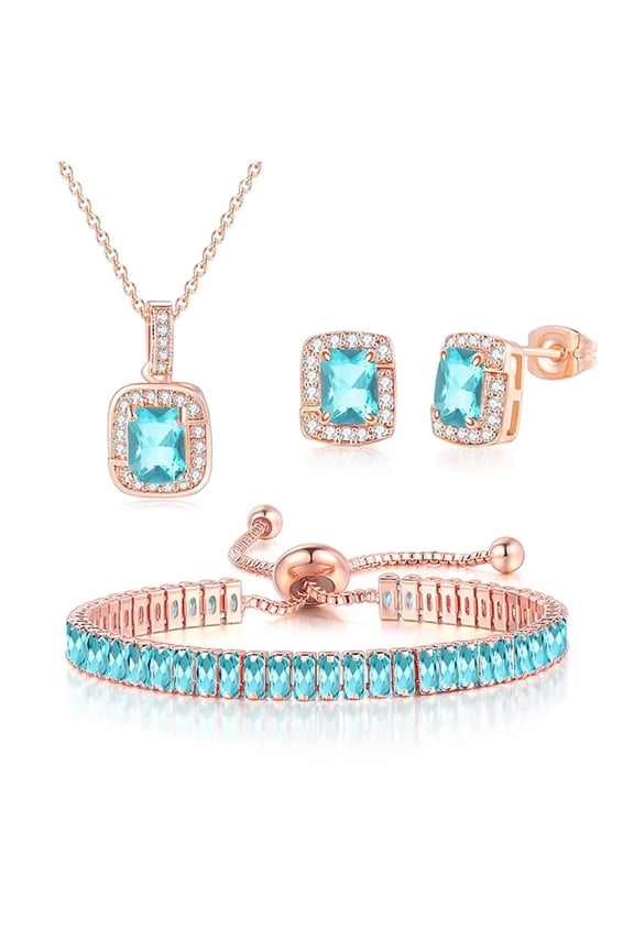Paris  18K Rose Gold Aquamarine Princess Halo Necklace, Earrings & Bracelet Set plated