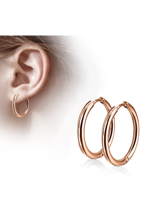 18K Rose Gold Hinge Seamless Hoop Earrings 10mm, 12mm, 14mm, 16mm, 20mm Plated by Paris Jewelry