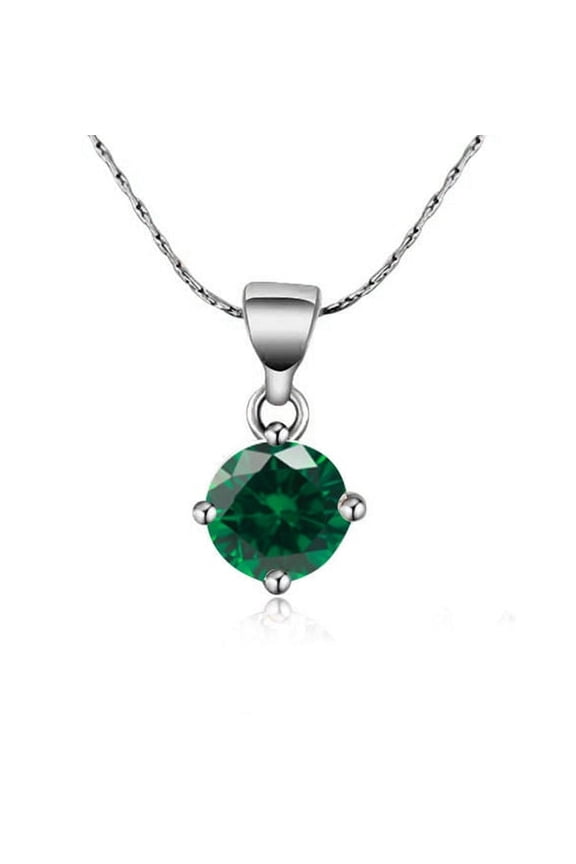 18K White Gold 1 Ct Created Emerald Round Stud Necklace 18 inch Plated