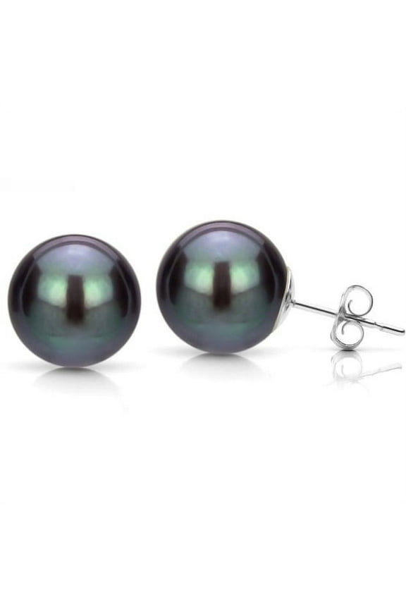 18K White Gold 10 mm Black Pearl Round Stud Earrings Jewelry for Women Unisex plated