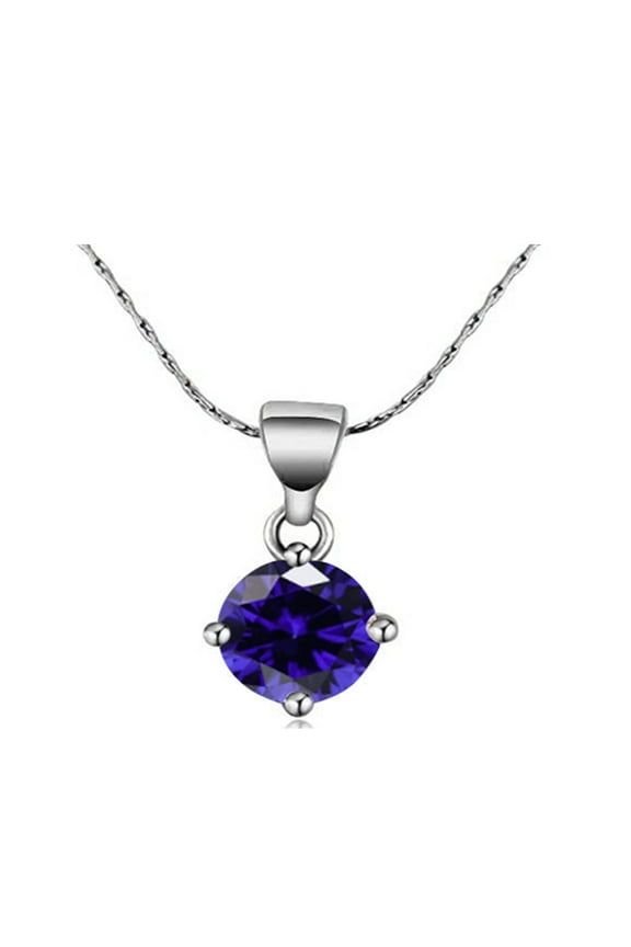 18K White Gold 2 Carat Created Blue Sapphire Round Stud Necklace Plated 18 inch Adult Female