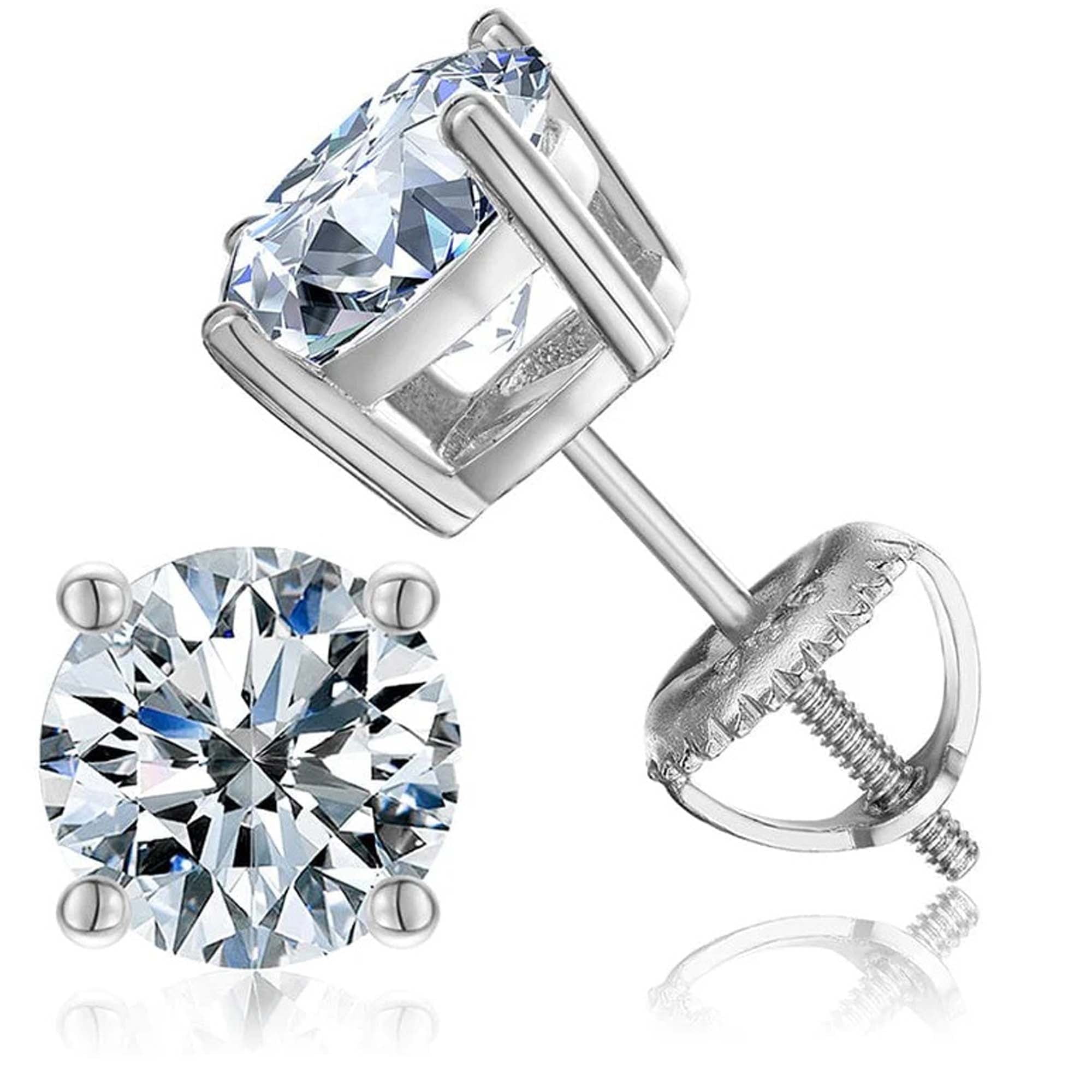 Paris Jewelry 18K White Gold 3 Carat Round Moissanite Screw Back Stud Earrings Women